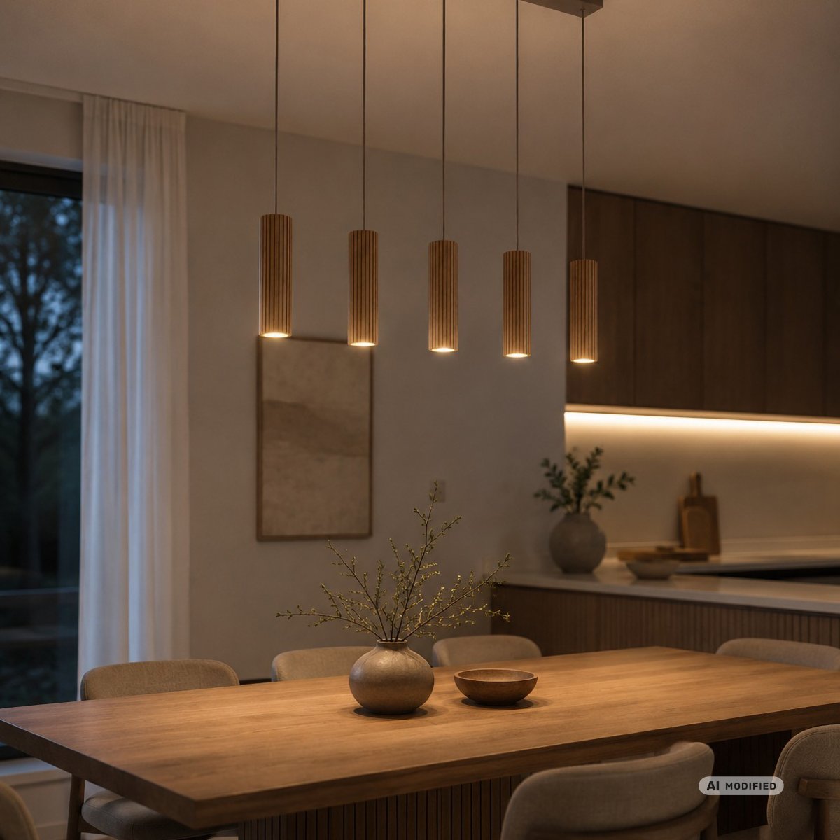 Lakewood 95cm Hout hanglamp Van Brilliant - De vijf kappen zijn op een rij geplaatst en de hoogte kan tijdens de installatie worden aangepast aan de ruimte en de gewenste plaatsing.