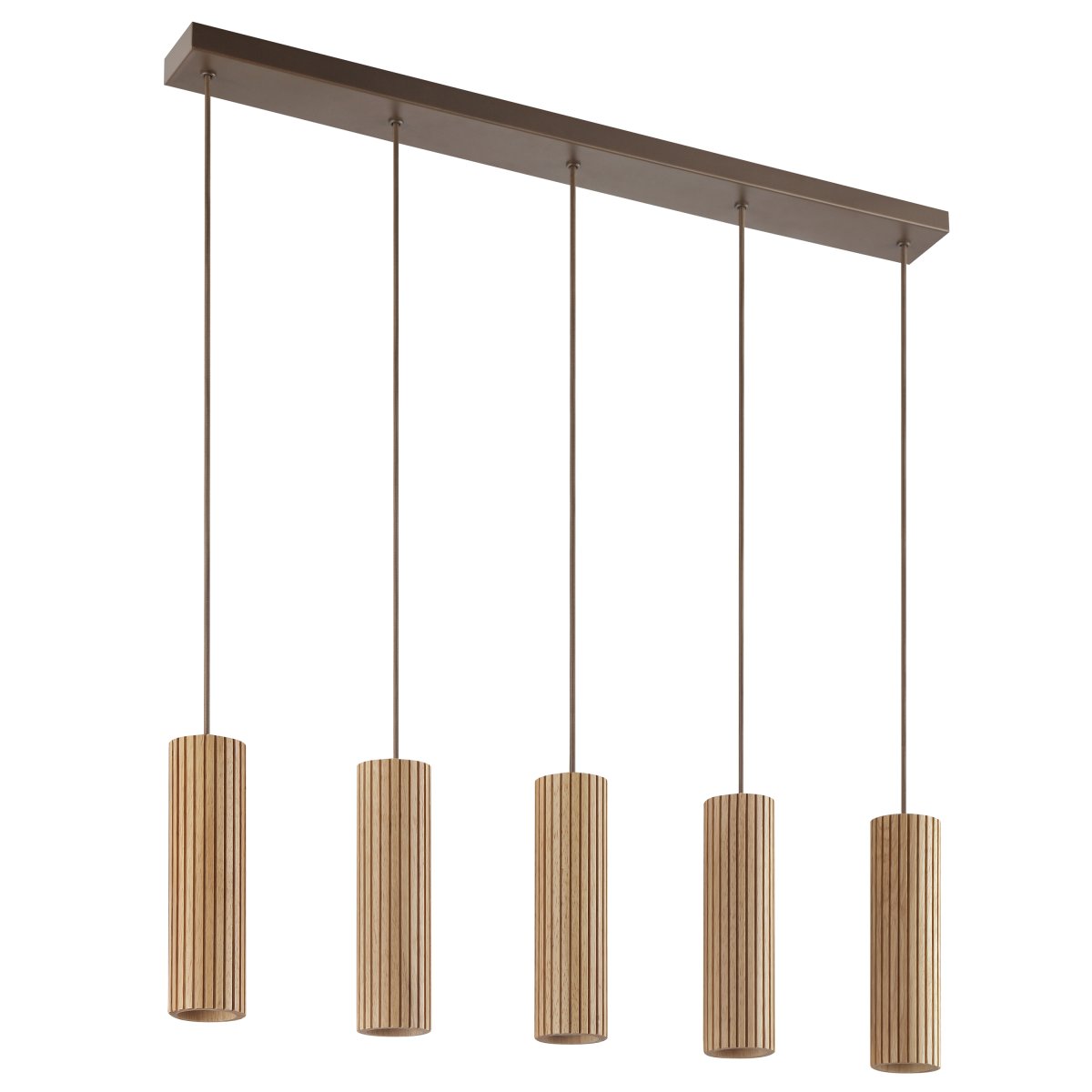 Lakewood 95cm Hout hanglamp Van Brilliant - De vijf kappen zijn op een rij geplaatst en de hoogte kan tijdens de installatie worden aangepast aan de ruimte en de gewenste plaatsing.