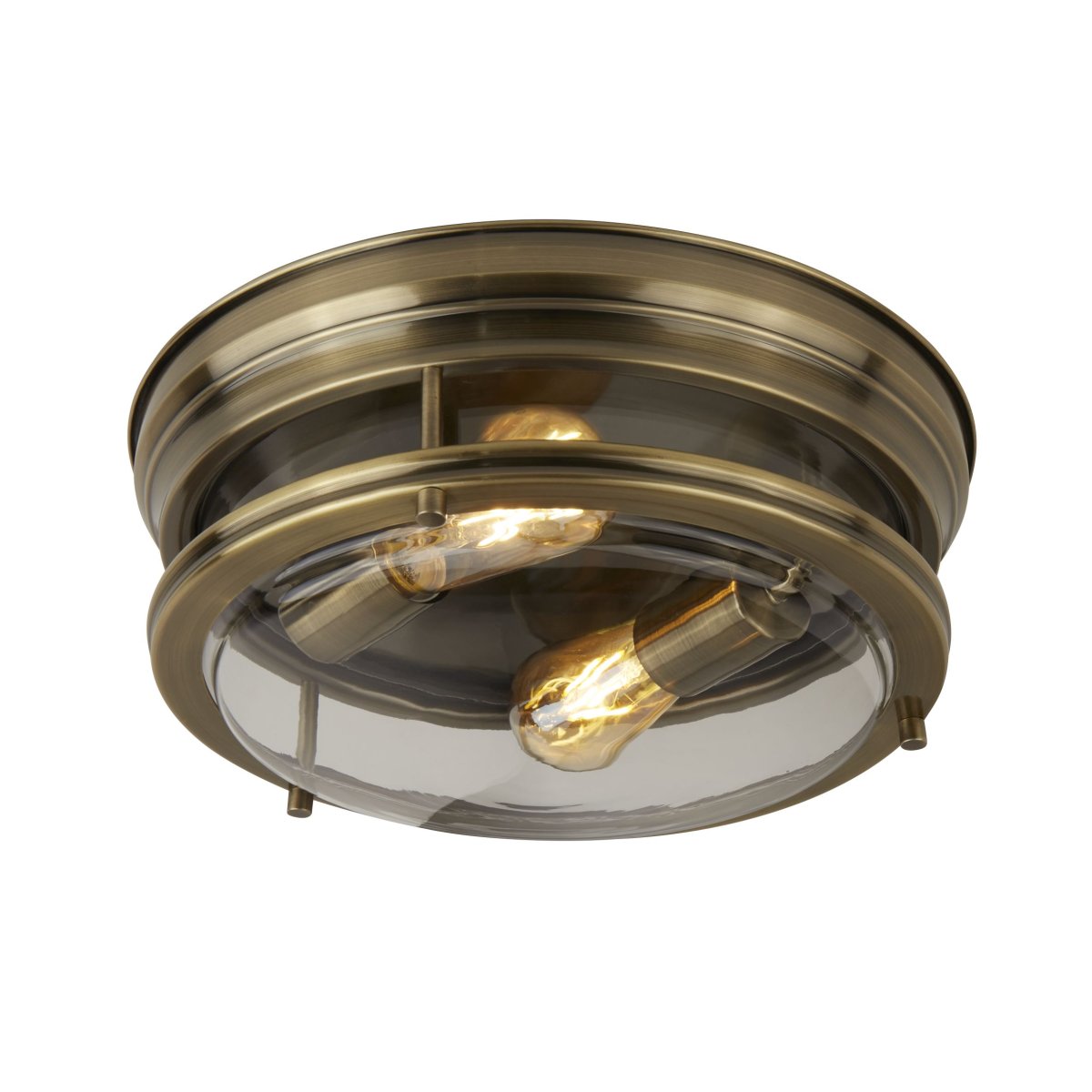 Glasgow Ø35 Antiek messing badkamerlamp Van Searchlight - De lamp combineert een robuust design met stijlvolle functionaliteit en verspreidt een warm, uitnodigend licht dankzij de zichtbare gloeilampen en de kap van helder glas.