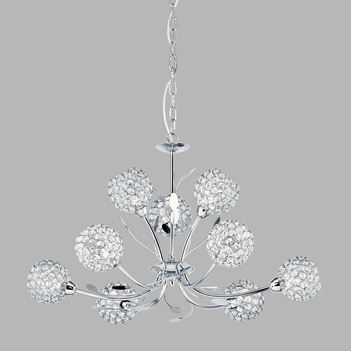 Bellis Ø68 Chroom hanglamp Van Searchlight - De Bellis II hanglamp in chroom met negen lichtbronnen, heldere glazen kappen en bladdecoratie is een indrukwekkend pronkstuk voor de slaapkamer, woonkamer, eetkamer of hal.