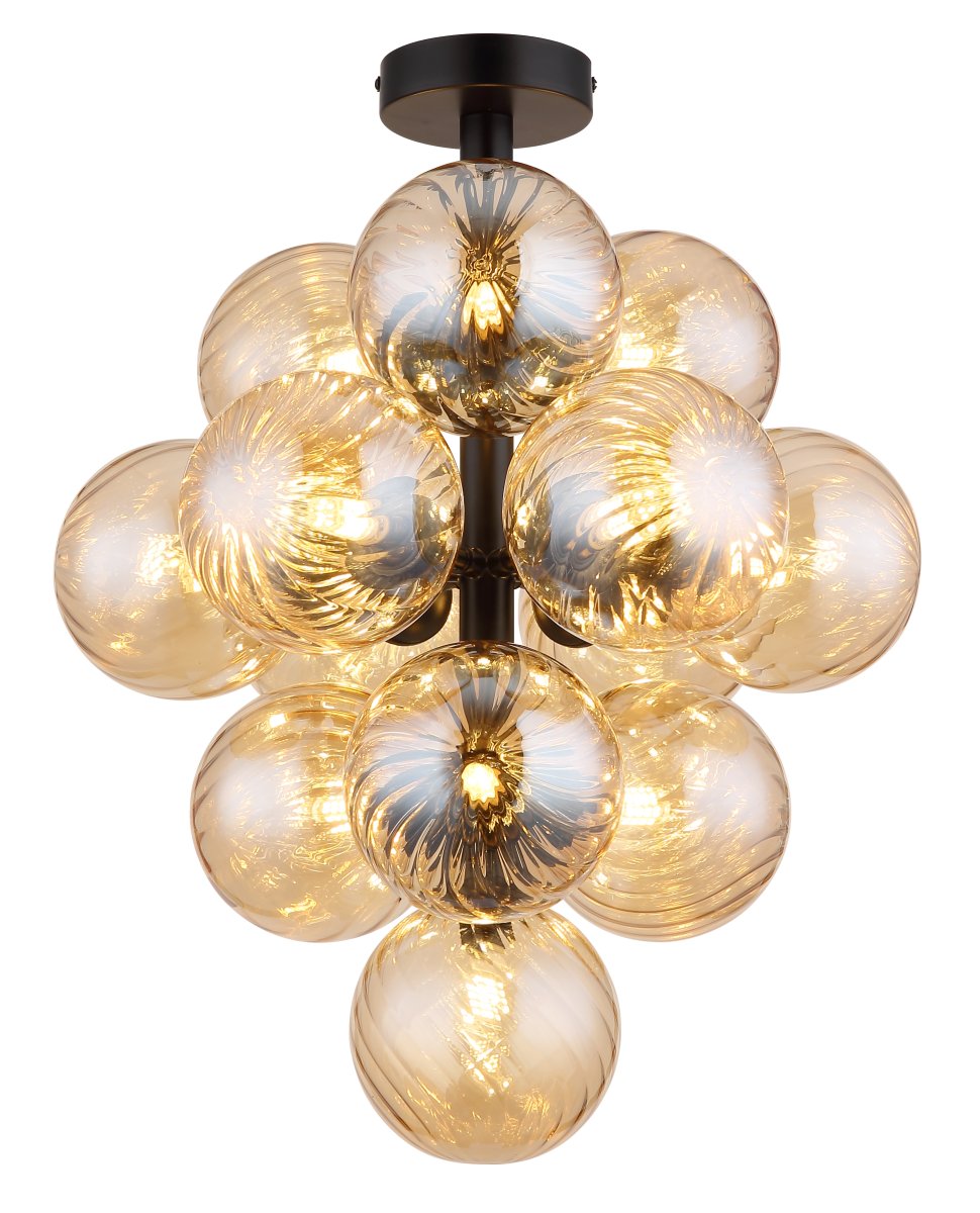 Conor Ø40 Amber plafondlamp Van Globo Lighting - Den har 13st dekorativa ambertonade glaskupor som alla omfamnar en ljusk&auml;lla vilket skapar en fin och harmonisk ljusspridning i rummet.