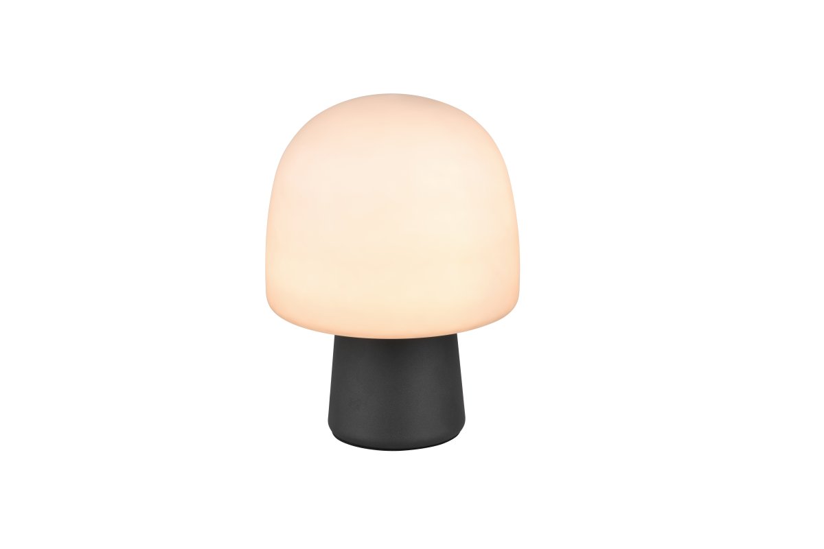 Steen 27cm Zwart tafellamp Van Trio Lighting - Met zijn paddenstoelvormige silhouet en de combinatie van een matzwarte basis en taupekleurige glazen kap is het een stijlvolle blikvanger in elke kamer.