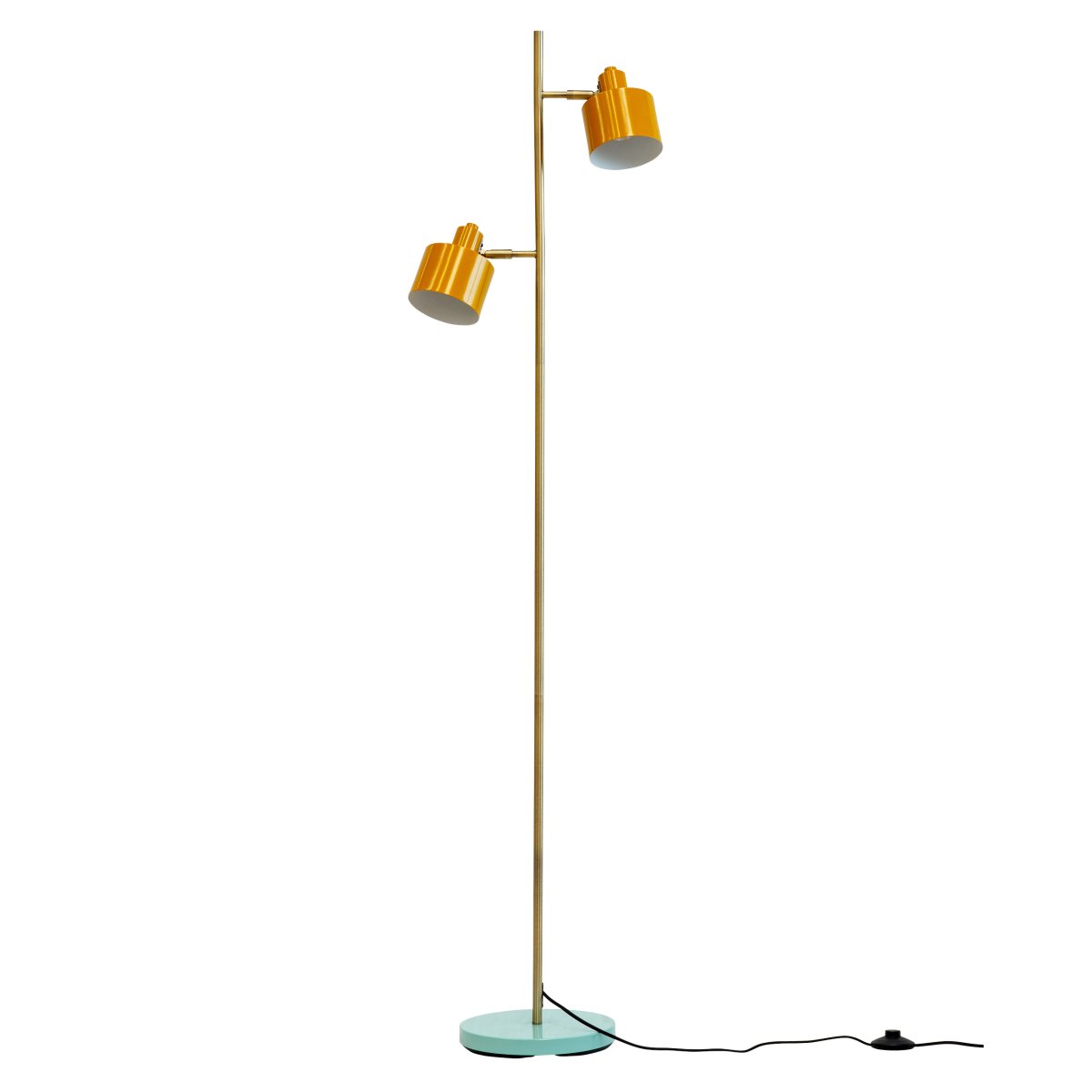 Ocean Veelkleurig vloerlamp Van Dyberg Larsen - De Ocean vloerlamp in de kleuren Curry/Brass/Turquoise heeft een metalen constructie, kan omhoog en omlaag worden gekanteld en wordt geleverd met een voetschakelaar op de voet.