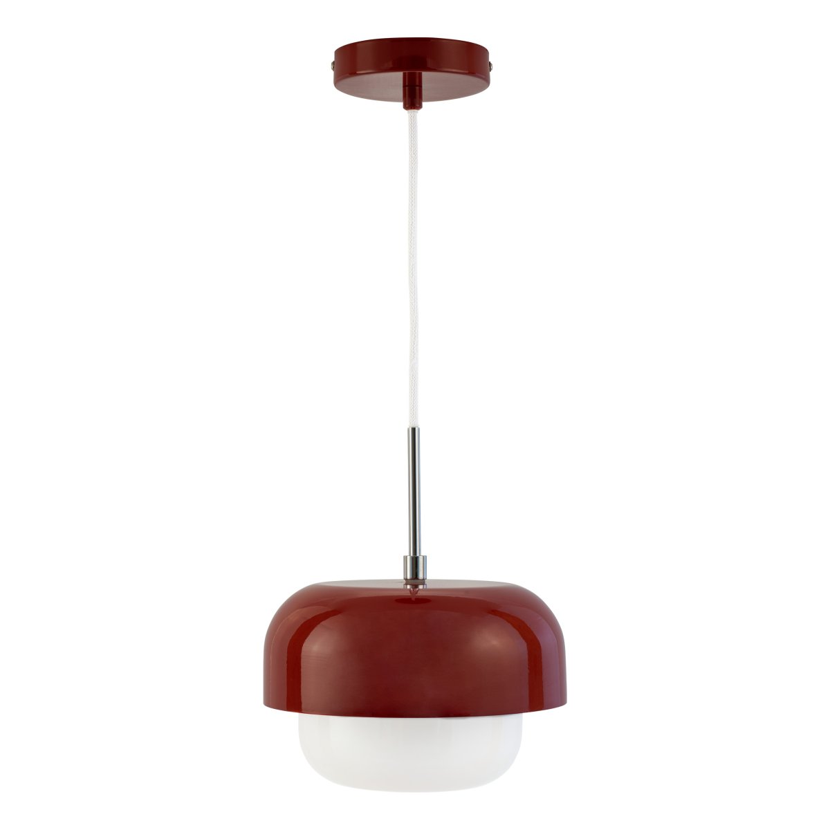 Haipot Ø23 Donkerrood hanglamp Van Dyberg Larsen - De Haipot lamp heeft een elegante lampenkap van opaalglas en een kap van gedempt rood metaal.