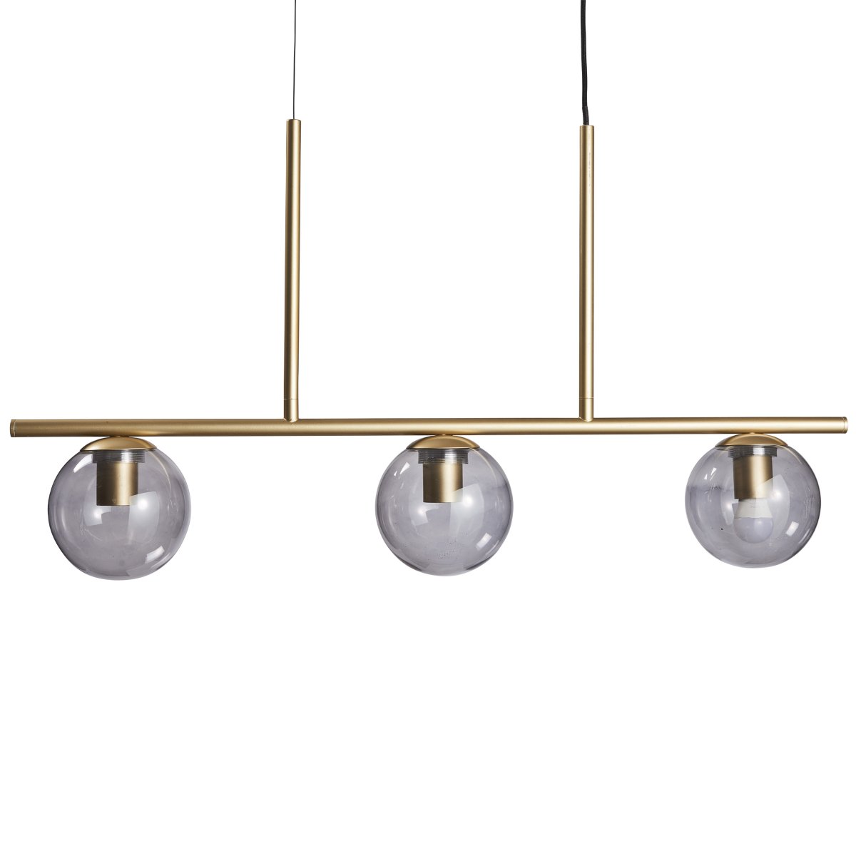 Sophia 90cm Messing hanglamp Van Dyberg Larsen - De Sophia hanglamp in messing met drie kappen van gerookt glas is een elegante plafondlamp voor aan de eettafel of in de keuken, waar een verfijnde toets gewenst is.