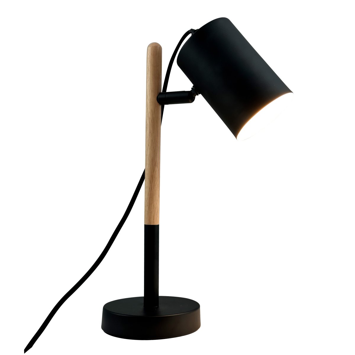 Woody 35cm Zwart bureaulamp Van Dyberg Larsen - De lamp heeft een zwarte metalen kap en voet die een stijlvolle uitstraling geven, terwijl de poot van hout is gemaakt.