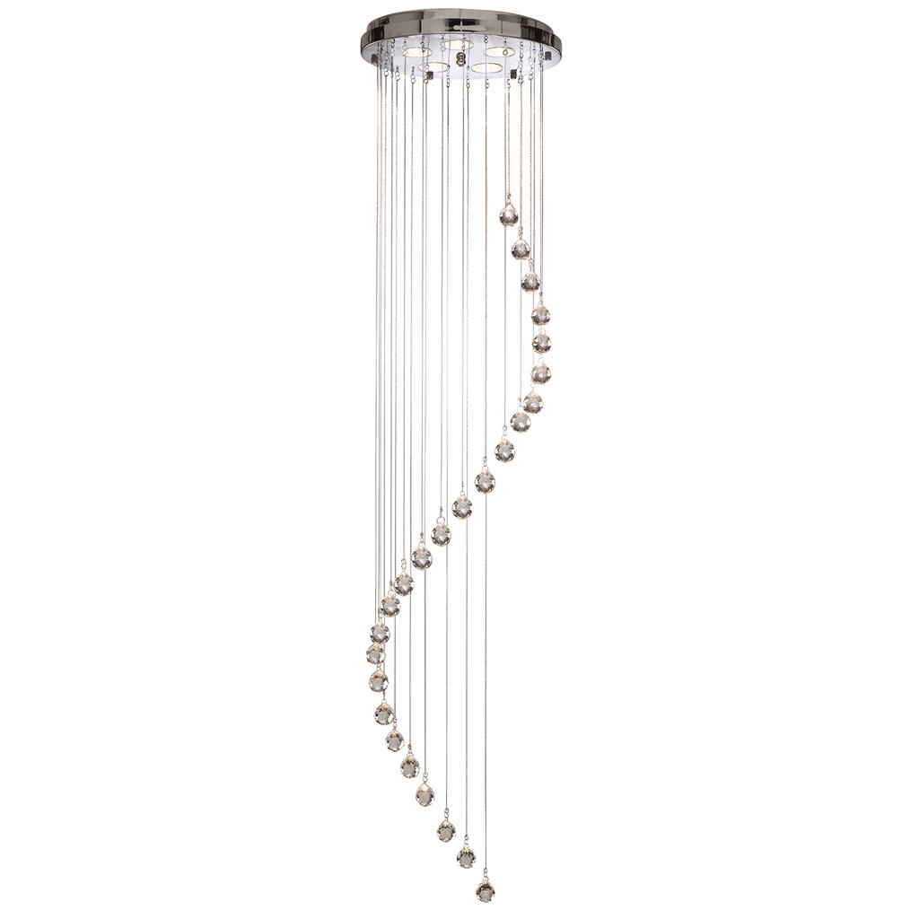 Hallway Ø30 Chroom hanglamp Van Searchlight - Decoratieve glazen prisma's in de vorm van kristallen bollen hangen in een spiraal vanaf een ronde plafondbeugel van verchroomd metaal, met een totale hanglengte van 3 meter.