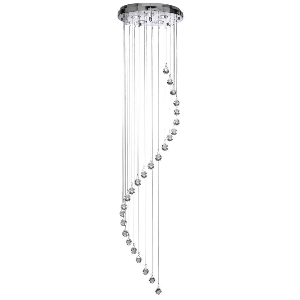 Hallway Ø30 Chroom hanglamp Van Searchlight - Decoratieve glazen prisma's in de vorm van kristallen bollen hangen in een spiraal vanaf een ronde plafondbeugel van verchroomd metaal, met een totale hanglengte van 3 meter.