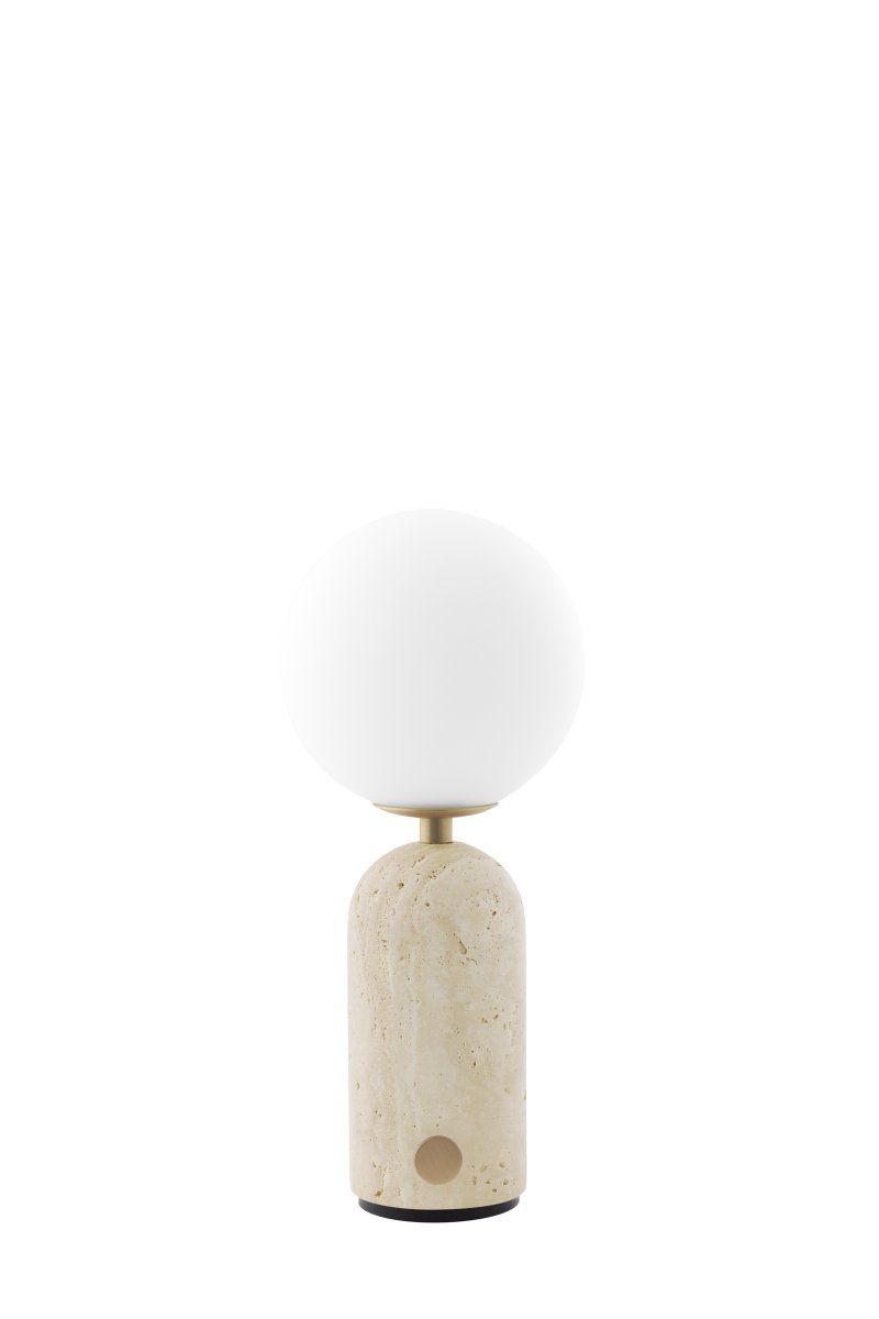 Torrano 28cm Beige travertijn Draagbare Van Globen Lighting - De lamp heeft een discrete metalen knop op de voet en kan in drie stappen worden gedimd om de juiste sfeer te cre&euml;ren.