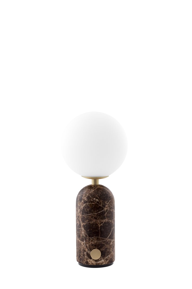 Torrano 28cm Bruin marmer Draagbare Van Globen Lighting - De lamp heeft een discrete metalen knop op de voet en kan in drie stappen worden gedimd om de juiste sfeer te cre&euml;ren.