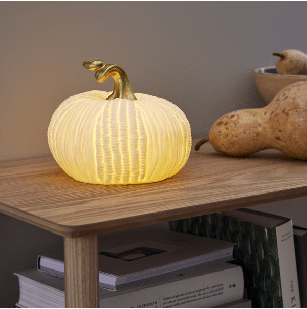 Pumpkin 15cm Wit Van Star Trading - De lamp werkt op 2 AAA-batterijen (niet meegeleverd) en heeft een handige timerfunctie die 6 uur brandt en vervolgens 18 uur uit is, en dit herhaalt.