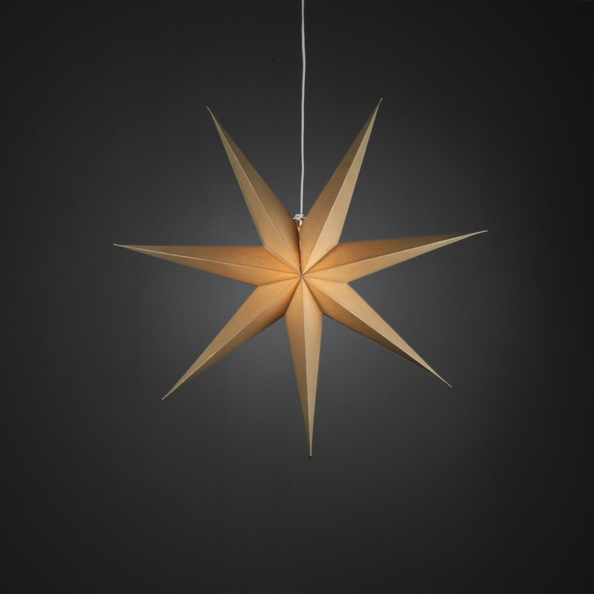 Papieren ster Ø78 Beige Van Konstsmide - Met zijn zeven punten en een royale diameter van 78 cm is het een prachtige blikvanger voor het raam of als hanglamp in de kamer.