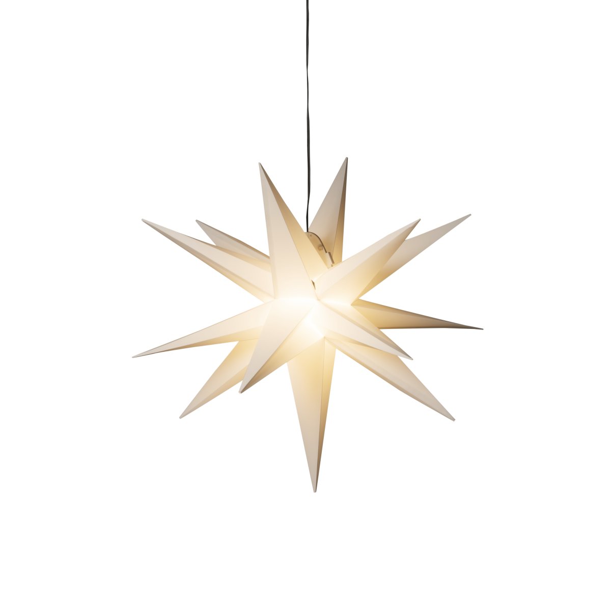 3D-ster Ø60 Wit Van Konstsmide - Hij heeft een G4-fitting en wordt geleverd met een vervangbare G4-ledlamp, een zwarte kunststof kabel van 5 meter en een transformator.