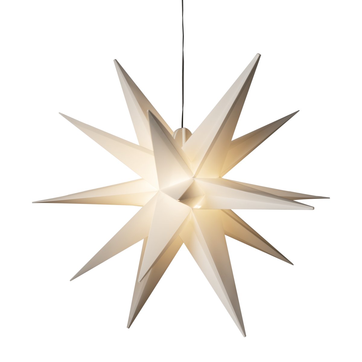3D-ster Ø80 Wit Van Konstsmide - Hij heeft een G4-fitting en wordt geleverd met een vervangbare G4-ledlamp, een zwarte kunststof kabel van 5 meter en een transformator.