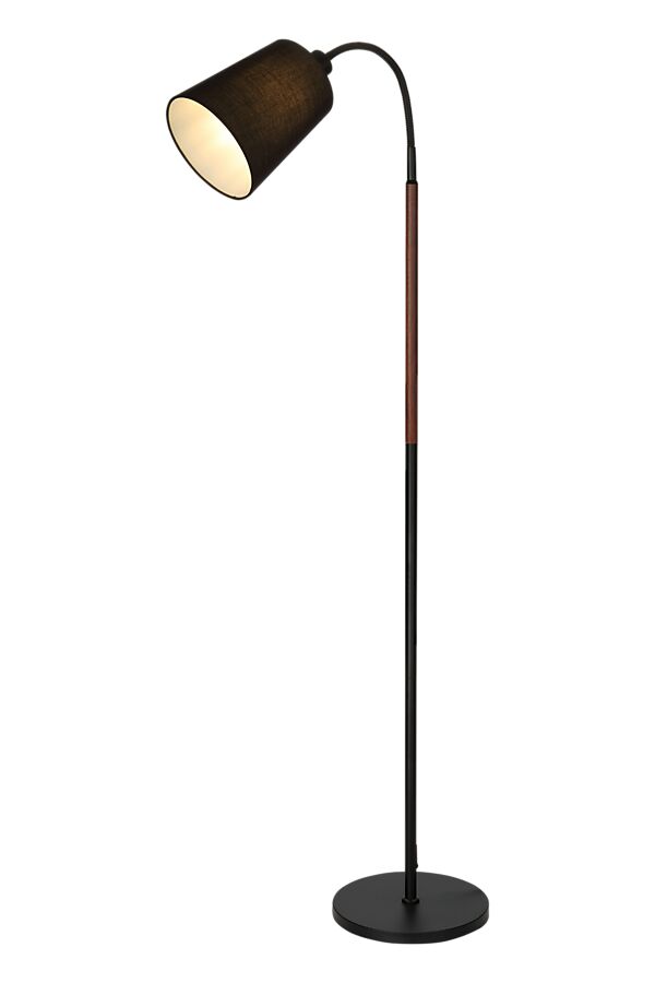 Ljusdal 1 Zwart vloerlamp Van Aneta Lighting - De zwarte metalen voet is gecombineerd met een elegant detail in walnootafwerking en een zwarte textielen kap die een zacht en aangenaam licht verspreidt.