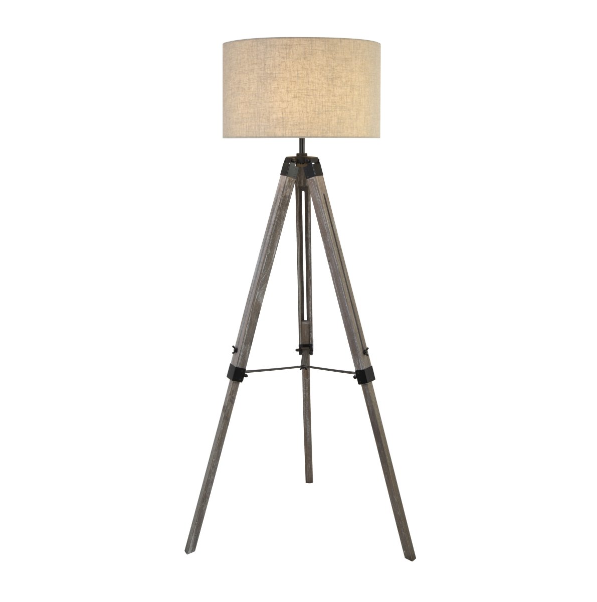 Easel Grijs vloerlamp Van Searchlight - Met een elegante houten driepootbasis; en een zachte linnen lampenkap, geeft het een warm en aangenaam licht dat een gezellige sfeer cre&euml;ert in elke kamer.