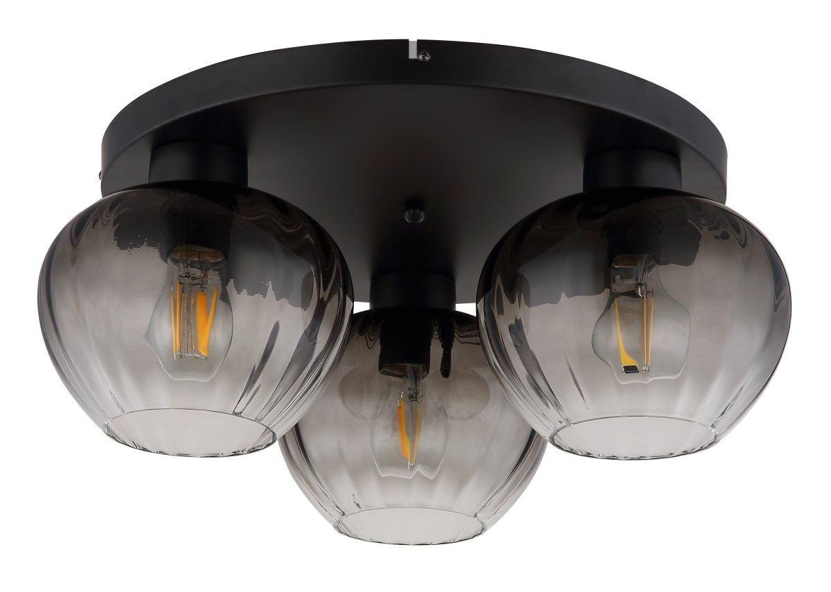 Toy Ø45 Zwart plafondlamp Van Globo Lighting - De r&auml;fflade r&ouml;ktonade glasen skapar en fin och varm ljusspridning i rummet.