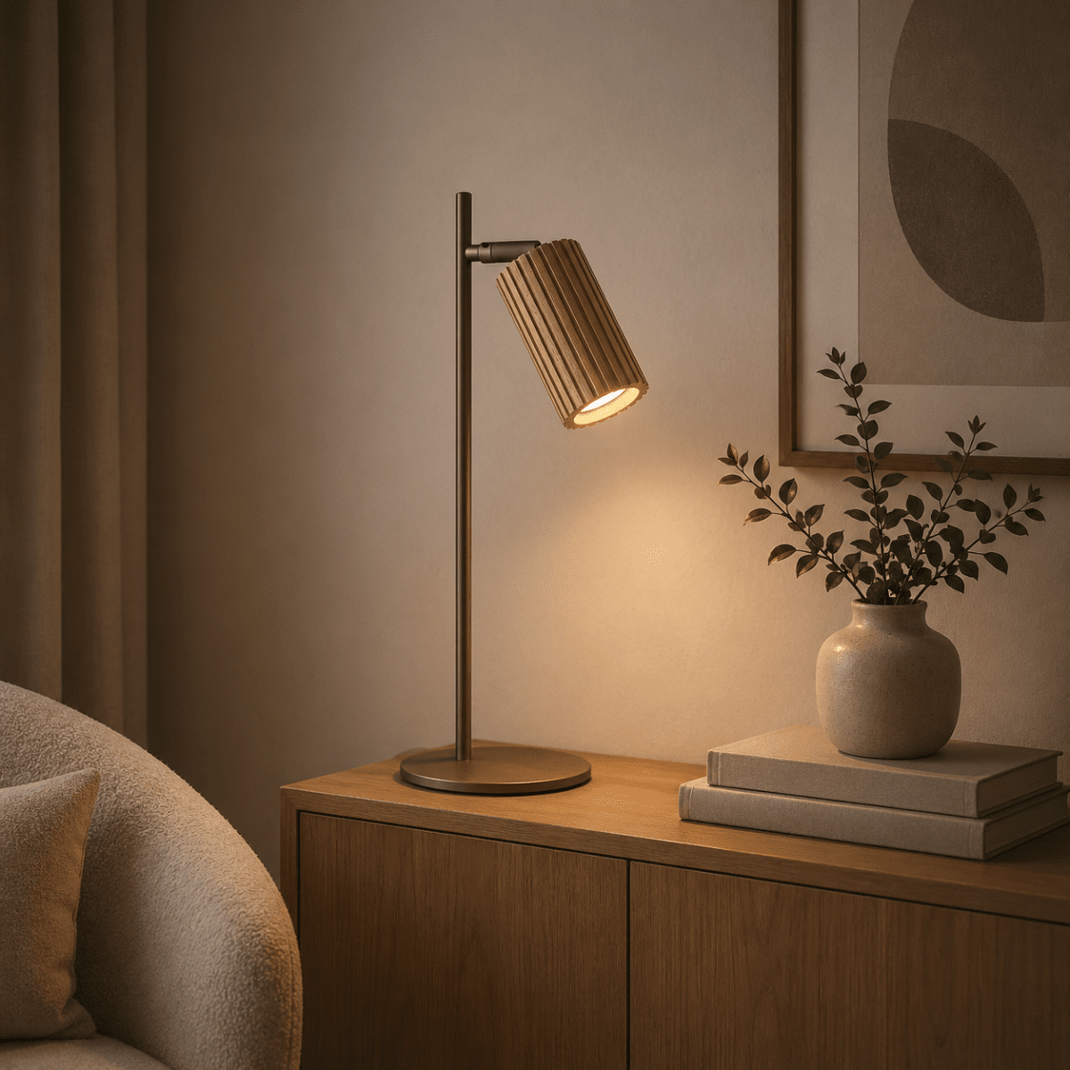 Lakewood 46cm Bruin bureaulamp Van Brilliant - De Lakewood tafellamp combineert bruin metaal met licht, geribbeld hout en creëert een warme en natuurlijke uitstraling.