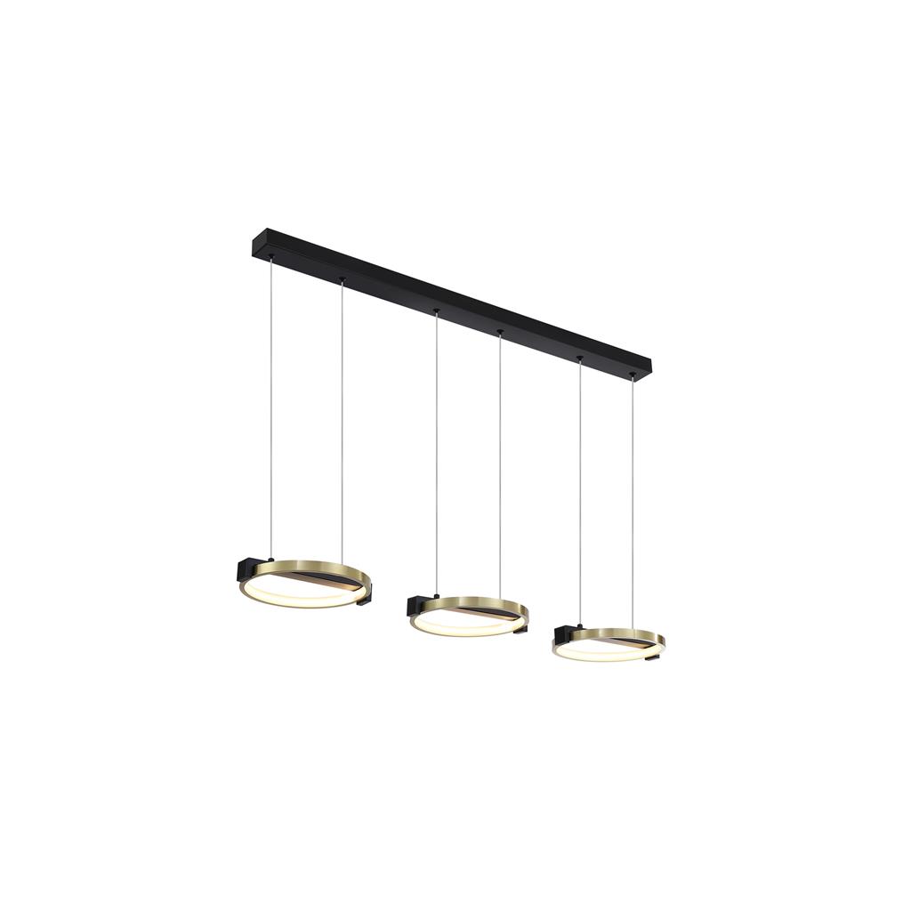 Aerial 106cm Messing/zwart hanglamp Van Searchlight - Aerial is een stijlvolle hanglamp met drie ringen in een satijn messing afwerking en zwarte details die een moderne en industri&euml;le uitstraling cre&euml;ren.