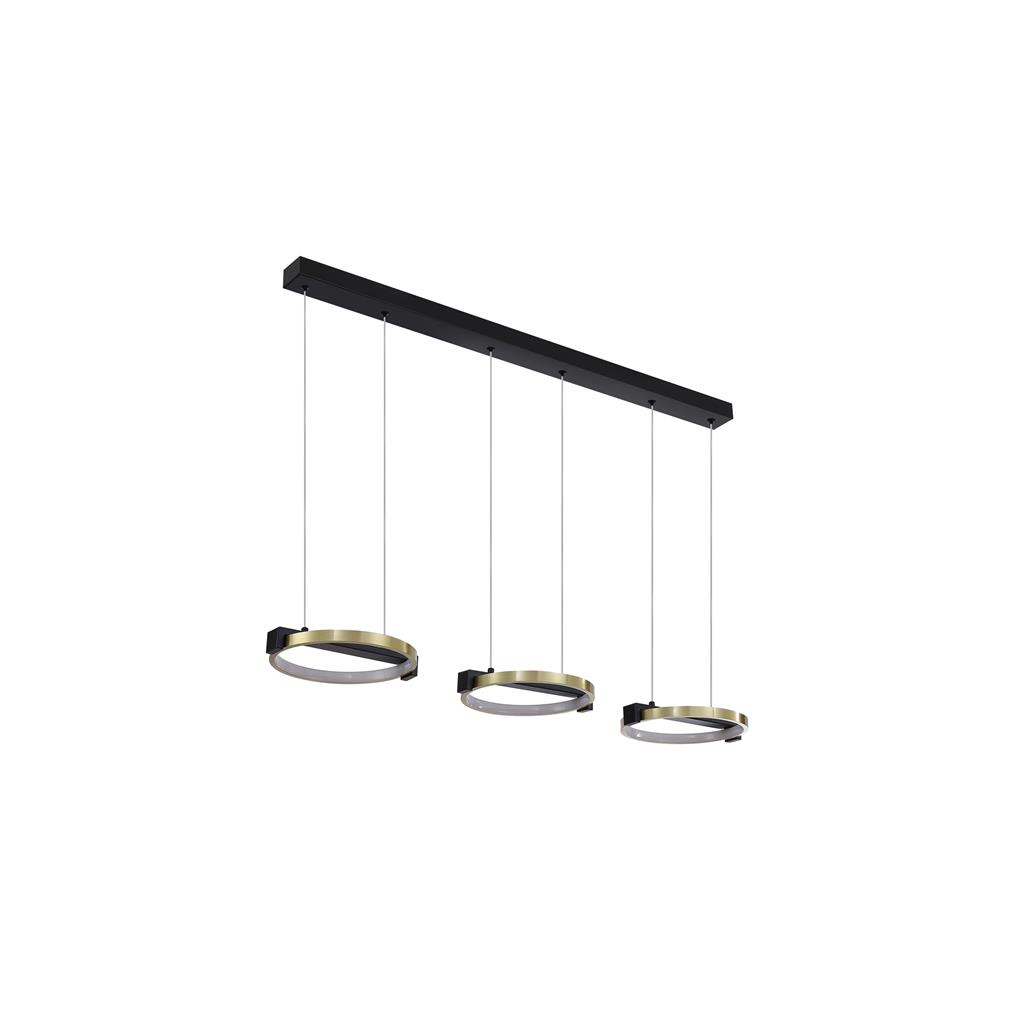 Aerial 106cm Messing/zwart hanglamp Van Searchlight - Aerial is een stijlvolle hanglamp met drie ringen in een satijn messing afwerking en zwarte details die een moderne en industri&euml;le uitstraling cre&euml;ren.