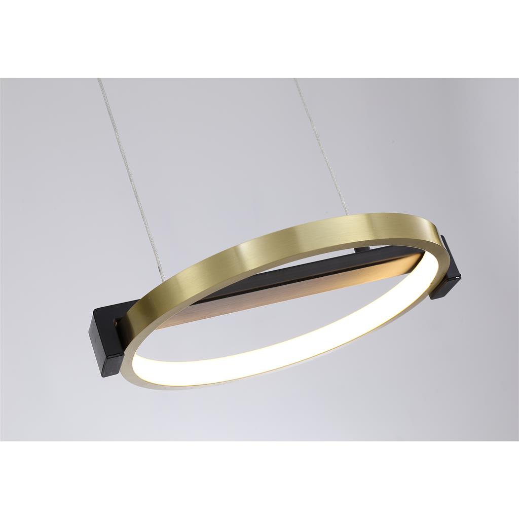 Aerial 106cm Messing/zwart hanglamp Van Searchlight - Aerial is een stijlvolle hanglamp met drie ringen in een satijn messing afwerking en zwarte details die een moderne en industri&euml;le uitstraling cre&euml;ren.