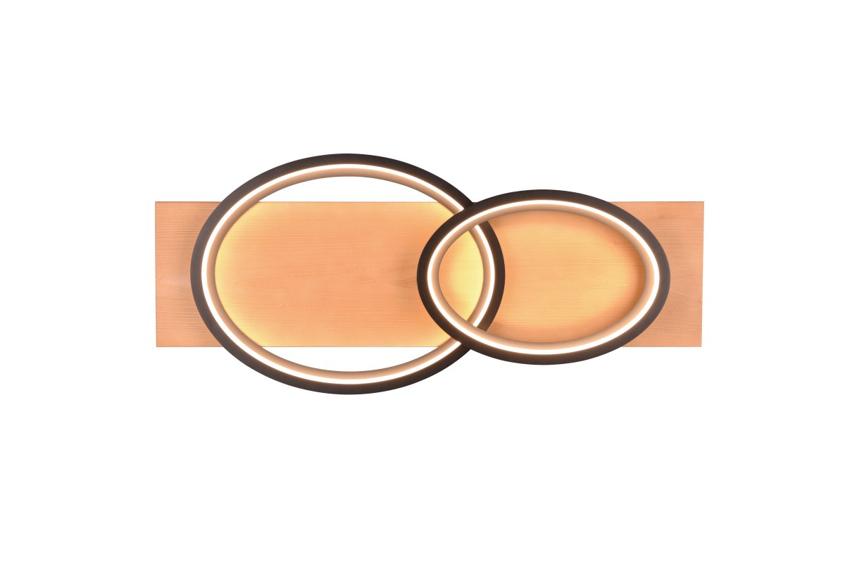 Barca 75cm Hout plafondlamp Van Trio Lighting - De geometrische vormen en de harmonieuze combinatie van matzwart metaal en natuurlijk hout; zorgt voor een aangename sfeer, terwijl u met de ingebouwde SWITCH-dimmer de helderheid eenvoudig in drie standen kunt aanpassen.