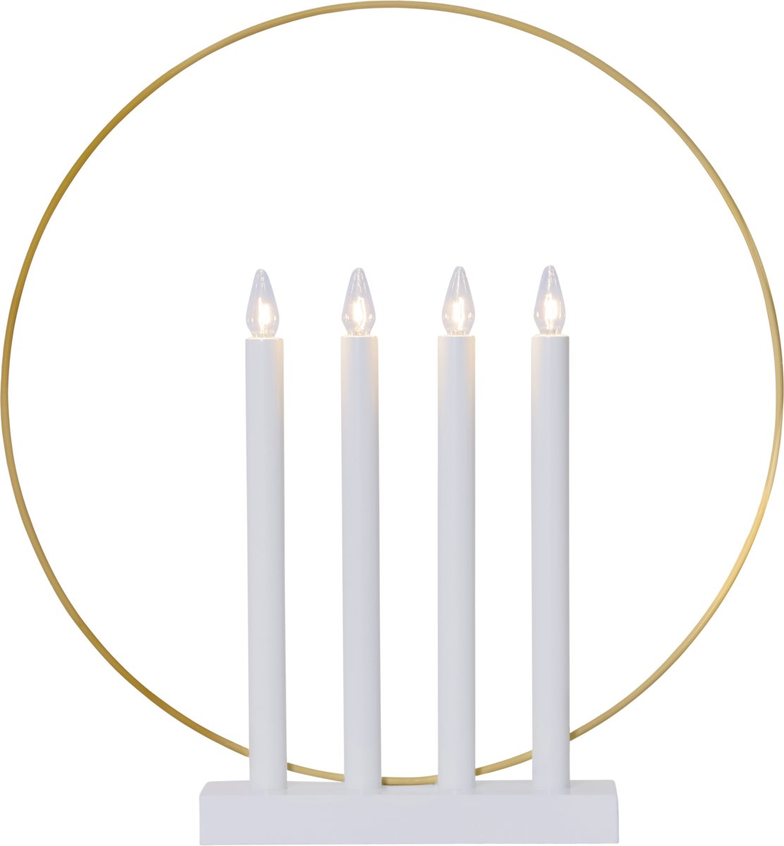 Glory Wit Van Star Trading - Witte houten kandelaar, 4 metalen kaarsenhouders en versierd met een messingkleurige metalen ring.