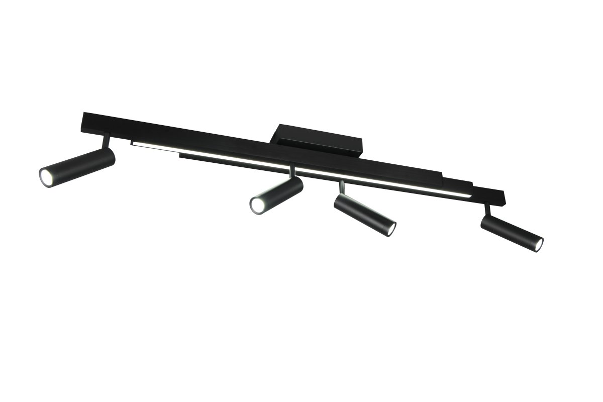 Zeno 4 Zwart spot Van Trio Lighting - Dankzij de drie verstelbare, langwerpige elementen kunt u het licht eenvoudig aanpassen aan de ruimte, terwijl vier beweegbare spots extra flexibiliteit bieden om het licht precies daar te richten waar u het wilt hebben.