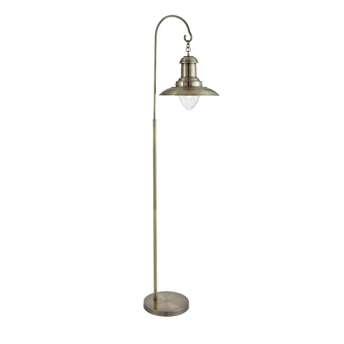 Fisherman Antiek messing vloerlamp Van Searchlight - De gebogen arm en de hangende lampenkap cre&euml;ren een rustieke uitstraling die perfect past in zowel traditionele als moderne interieurs.