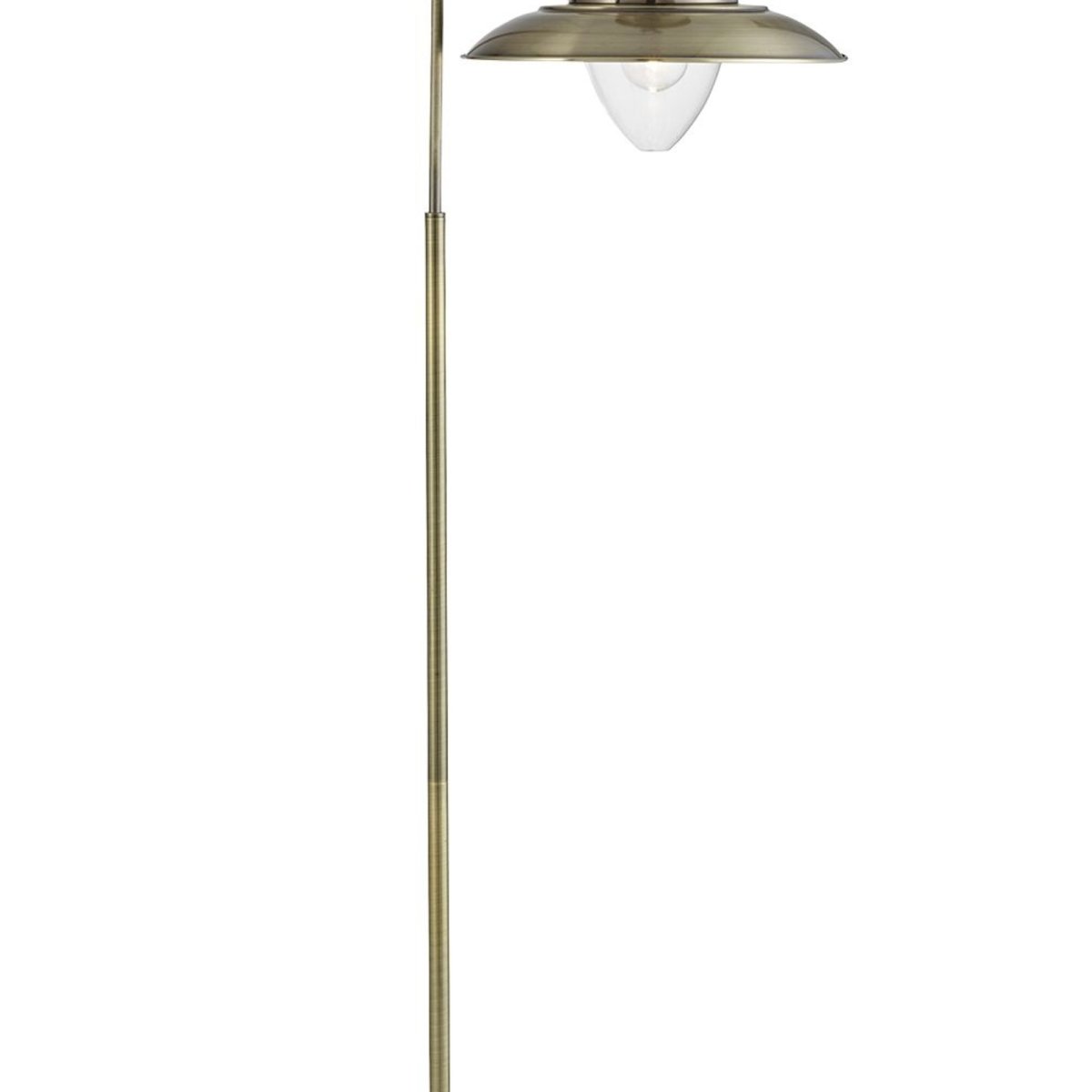 Fisherman Antiek messing vloerlamp Van Searchlight - De gebogen arm en de hangende lampenkap cre&euml;ren een rustieke uitstraling die perfect past in zowel traditionele als moderne interieurs.