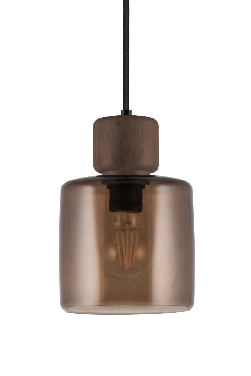 DOT Ø15 Bruin hanglamp Van Globen Lighting - De karakteristieke houten knop vormt een duidelijk contrast met de glazen kap en geeft de lamp karakter.