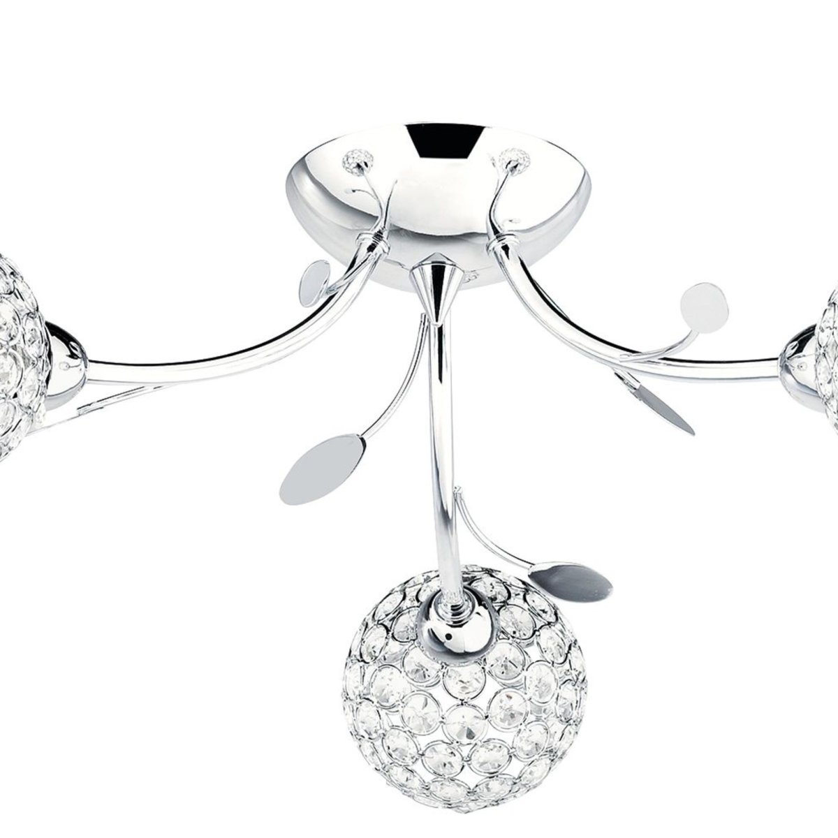 Bellis Ø54 Chroom plafondlamp Van Searchlight - De Bellis II plafondlamp in chroom met drie lichtbronnen en heldere glazen kappen en bladversiering geeft een elegante indruk in de slaapkamer, woonkamer, eetkamer of keuken.