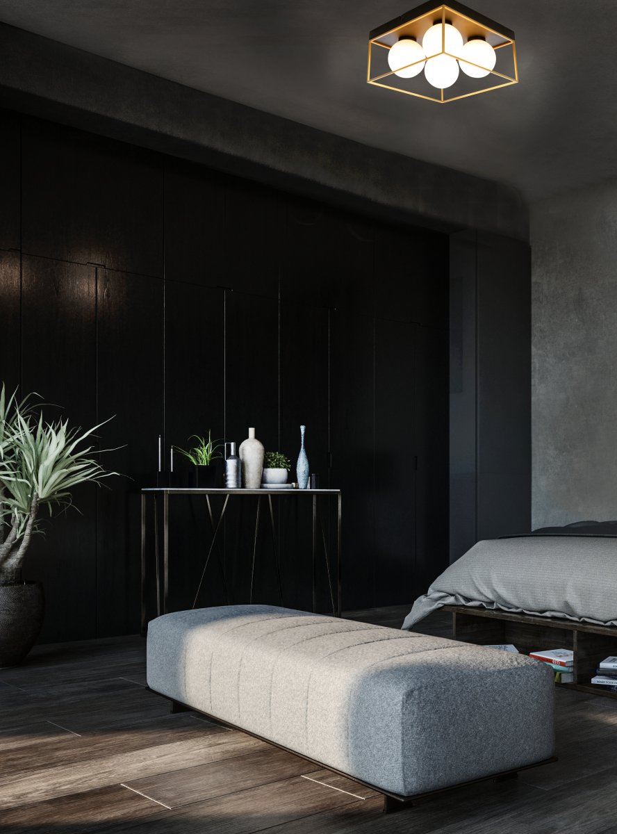 Astro 28cm Zwart plafondlamp Van Aneta Lighting - Astro plafondlamp in zwart gelakt metaal met 4 opaalwitte glazen kappen met gouden details op de voet.