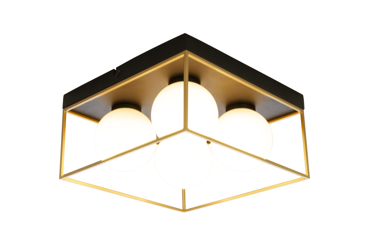 Astro 28cm Zwart plafondlamp Van Aneta Lighting - Astro plafondlamp in zwart gelakt metaal met 4 opaalwitte glazen kappen met gouden details op de voet.