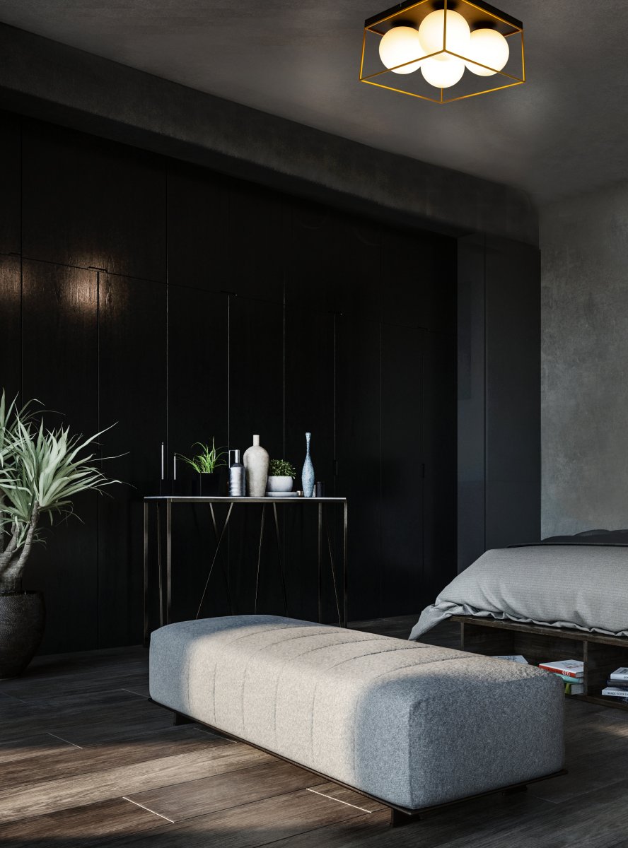 Astro 36cm Zwart plafondlamp Van Aneta Lighting - Astro plafondlamp in zwart gelakt metaal met 4 opaalwitte glazen kappen met gouden details op de voet.