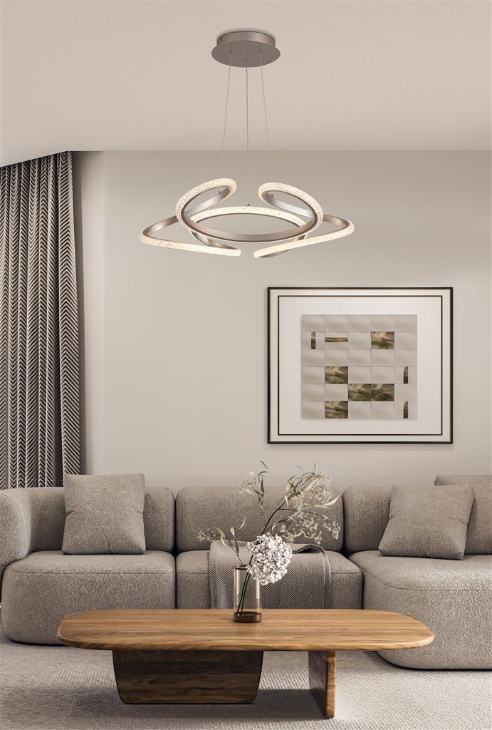 Doodle Ø60 Champagne hanglamp Van Searchlight - Het elegant gevormde metalen frame heeft een stijlvolle champagnekleurige afwerking en omsluit een geïntegreerde LED-strip met een transparante acryl diffuser die prisma's nabootst.