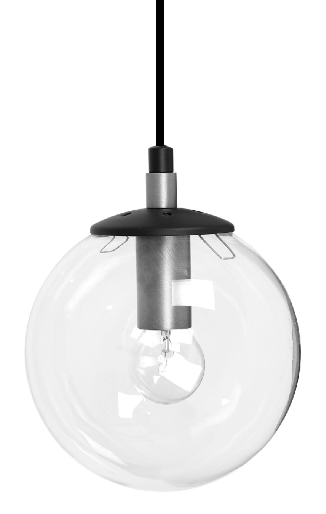 Perla W Ø16 Staal hanglamp Van Hallbergs - Door de combinatie van de ronde, heldere glazen bol en het stijlvolle metaal in staal en zwart, trekt Perla alle aandacht in de kamer.