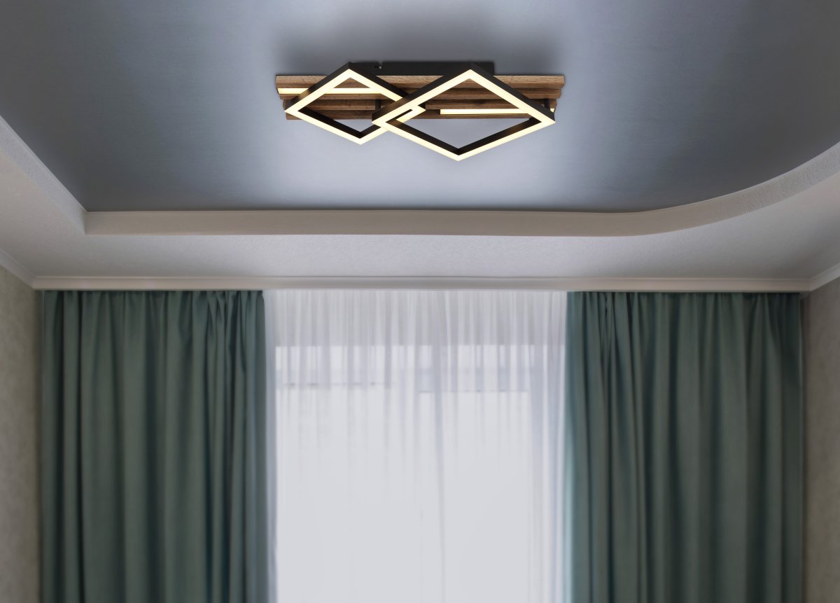 Obrien 47cm Hout plafondlamp Van Globo Lighting - Takf&auml;stet som efterliknar akustikpanel i kombination med de mattsvarta detaljerna i metall bidrar med industriell k&auml;nsla till rummet.