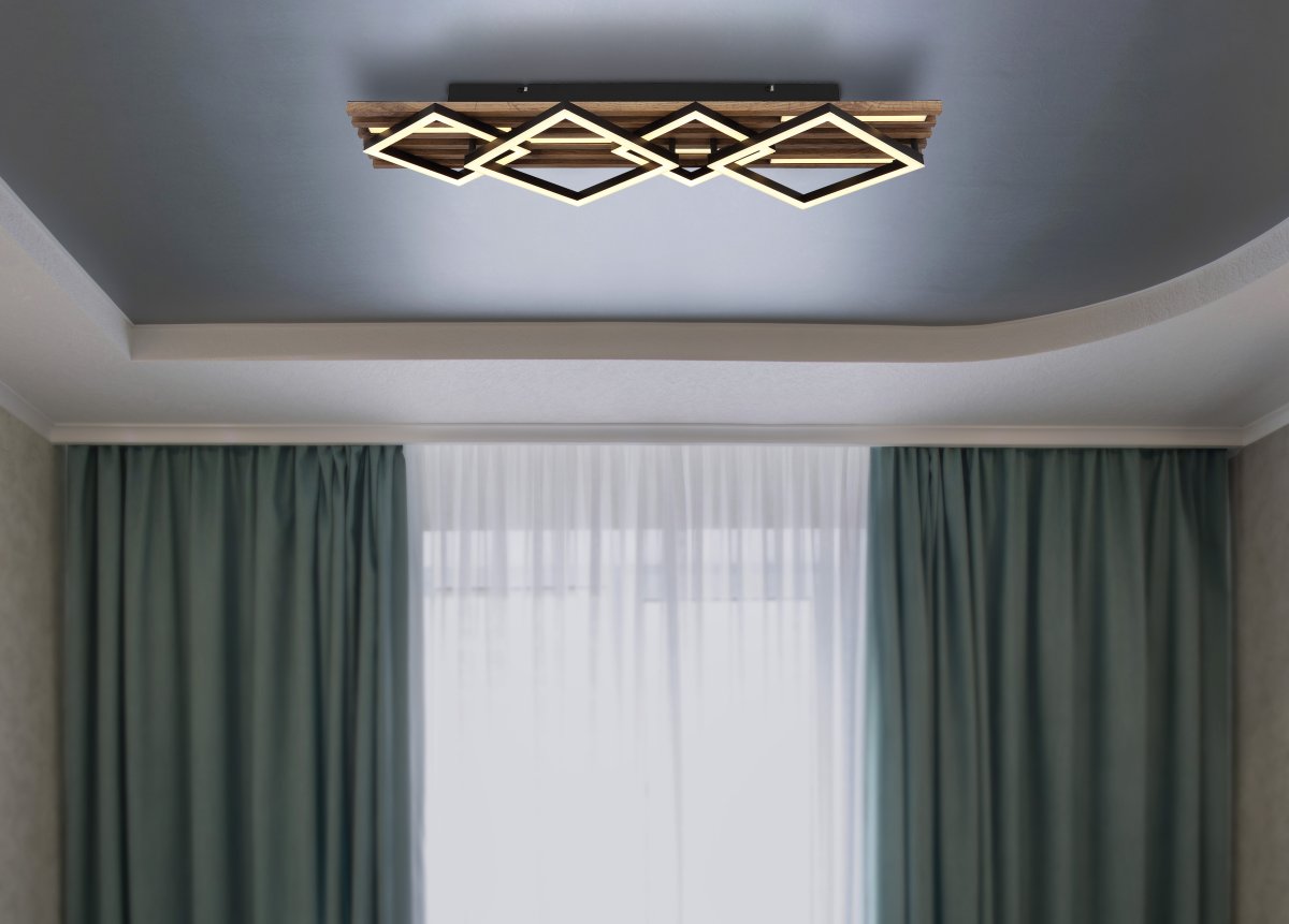 Obrien 82cm Hout plafondlamp Van Globo Lighting - Takf&auml;stet som efterliknar akustikpanel i kombination med de mattsvarta detaljerna i metall bidrar med industriell k&auml;nsla till rummet.