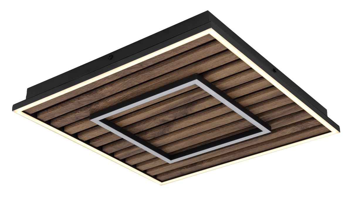 Woody 45cm Hout plafondlamp Van Globo Lighting - Takf&auml;stet som efterliknar akustikpanel i kombination med de mattsvarta detaljerna i metall bidrar med industriell k&auml;nsla till rummet.