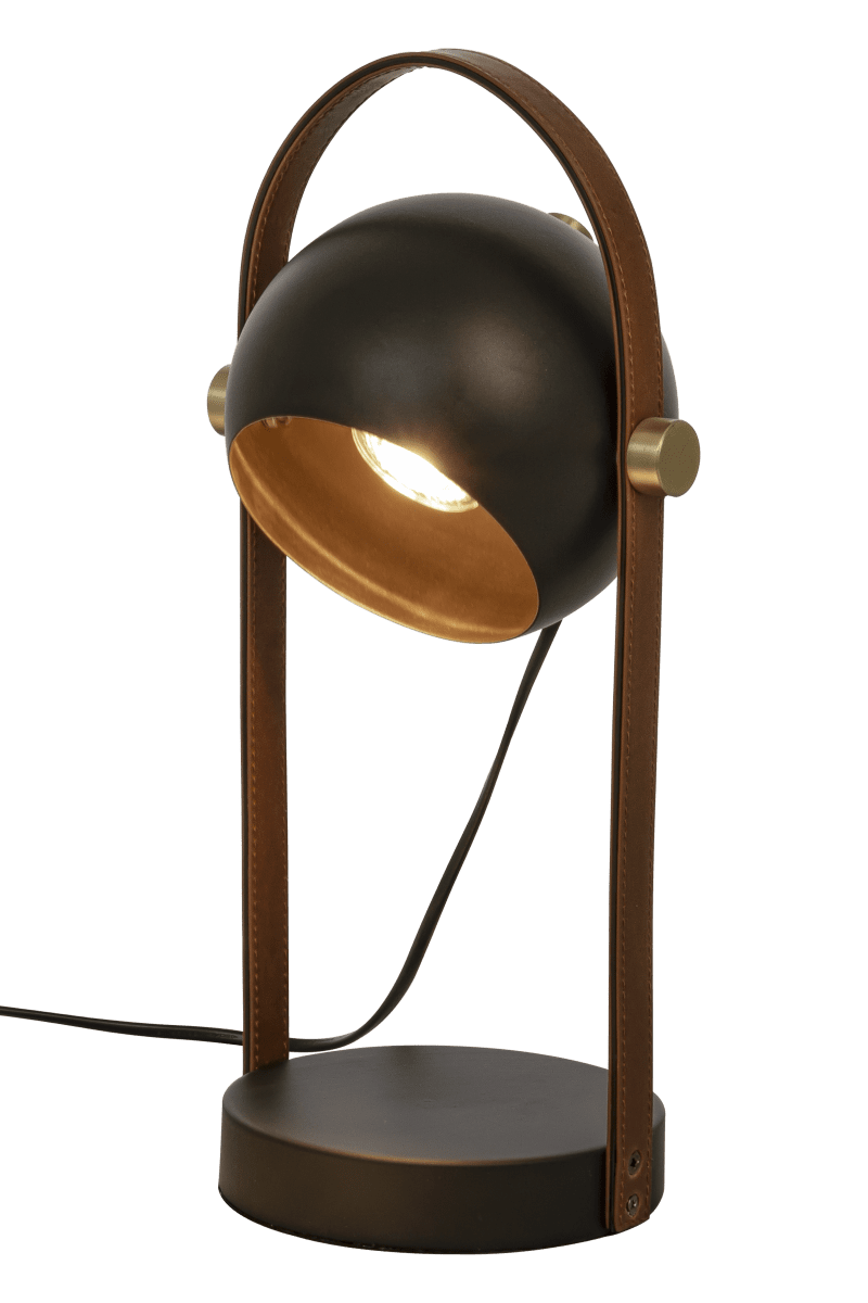 Bow 38cm Zwart tafellamp Van Aneta Lighting - Bow tafellamp in zwart gelakt metaal met details in mat messing en bruin leer.