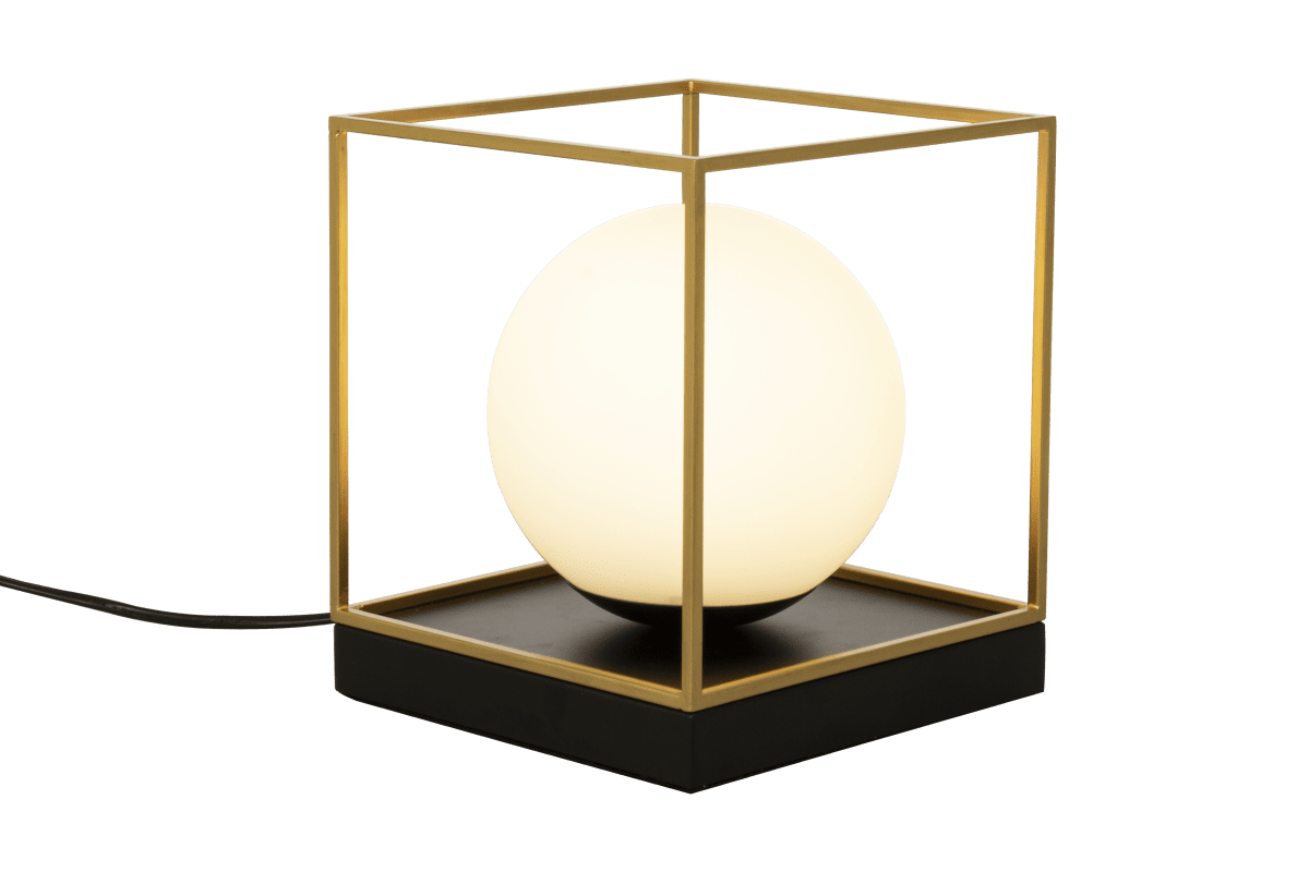 Astro 20cm Zwart tafellamp Van Aneta Lighting - Astro tafellamp in zwart gelakt metaal met opaalwitte glazen koepel omlijst met gouden details op de voet.