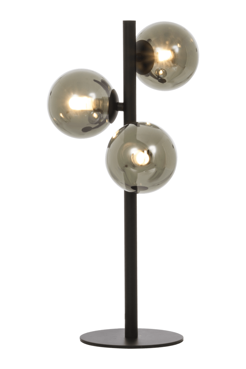 Molekyl 46cm Rookgrijs tafellamp Van Aneta Lighting - Molekyl tafellamp met zwarte metalen voet en 3 rookglazen kappen.