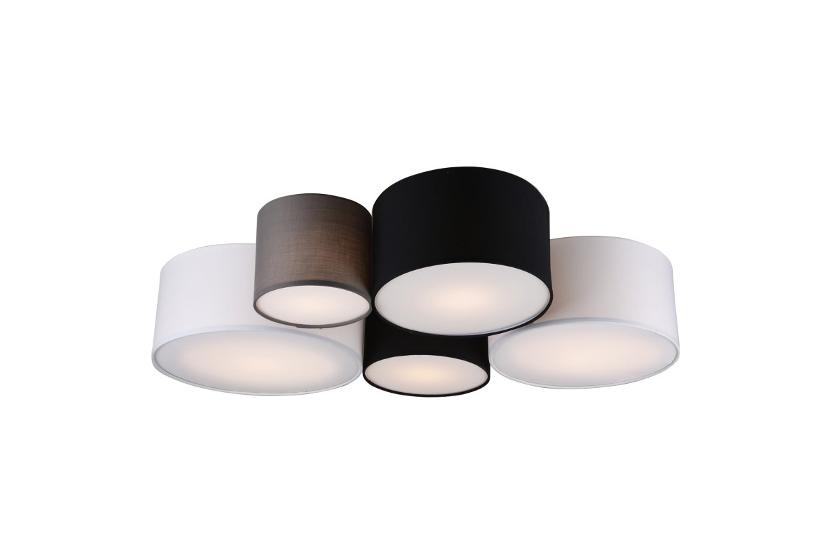 Hotel 90cm Veelkleurig plafondlamp Van Trio Lighting - De HOTEL plafondlamp met zijn vijf lichtbronnen komt bijzonder goed tot zijn recht in woon- en slaapkamers, waar hij harmonieuze lichtaccenten cre&euml;ert en een gezellige uitstraling geeft.