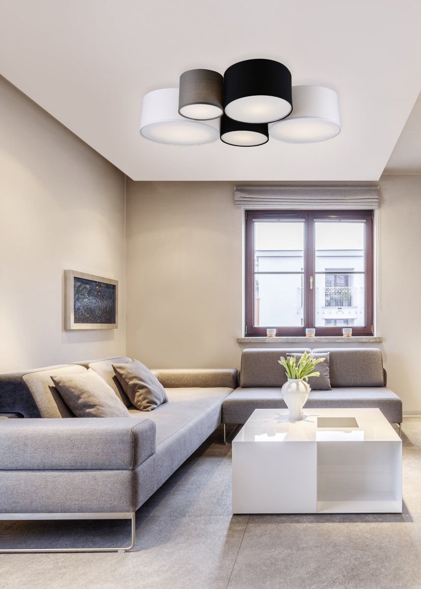 Hotel 90cm Veelkleurig plafondlamp Van Trio Lighting - De HOTEL plafondlamp met zijn vijf lichtbronnen komt bijzonder goed tot zijn recht in woon- en slaapkamers, waar hij harmonieuze lichtaccenten cre&euml;ert en een gezellige uitstraling geeft.