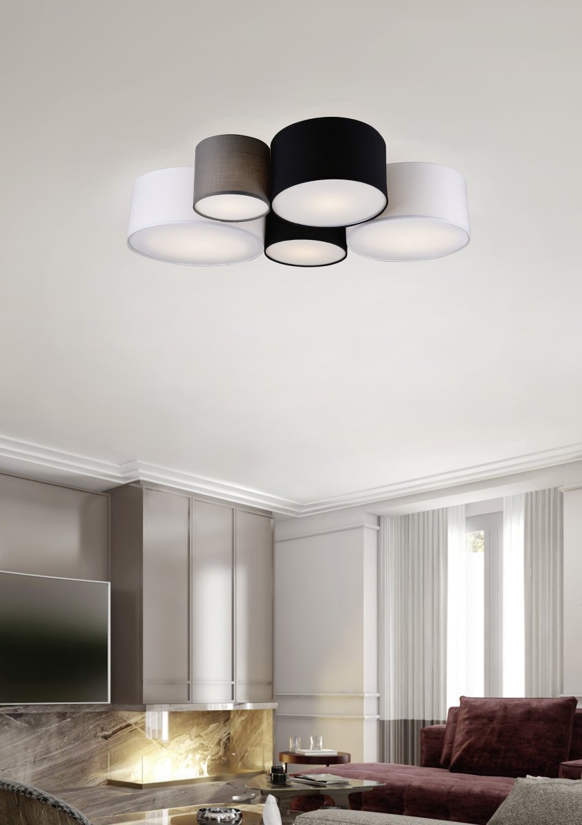 Hotel 90cm Veelkleurig plafondlamp Van Trio Lighting - De HOTEL plafondlamp met zijn vijf lichtbronnen komt bijzonder goed tot zijn recht in woon- en slaapkamers, waar hij harmonieuze lichtaccenten cre&euml;ert en een gezellige uitstraling geeft.