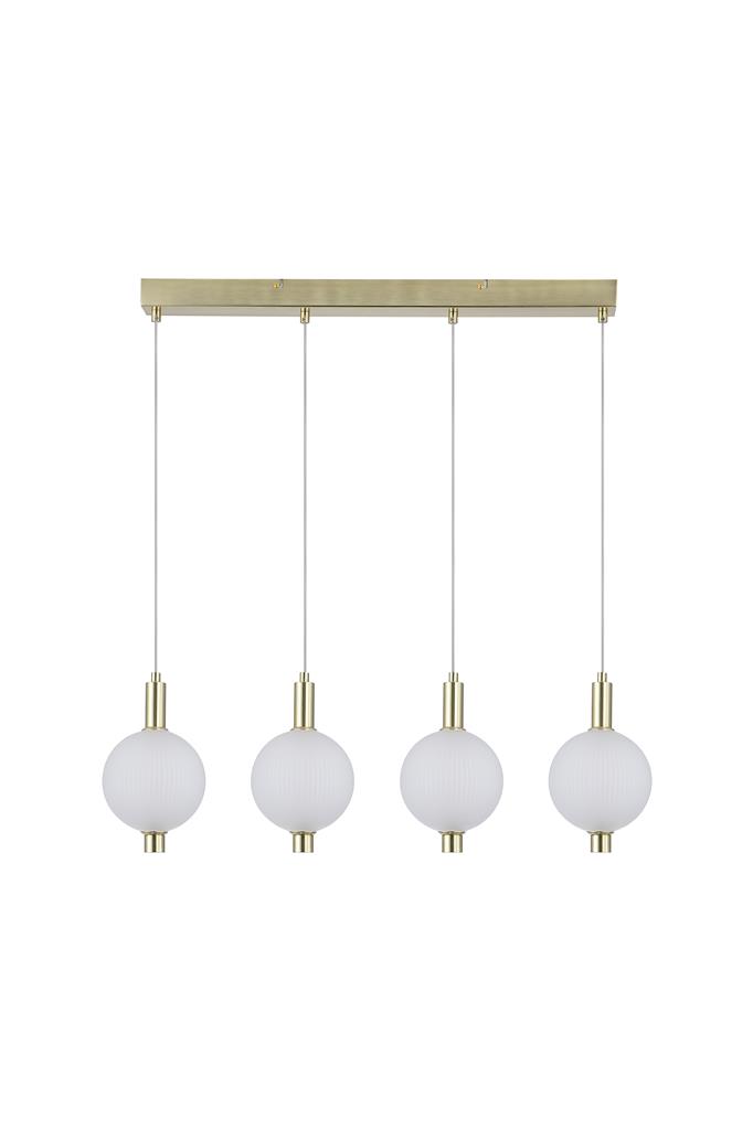 Luminique 80cm Messing hanglamp Van Searchlight - De lamp is gemaakt van metaal met een satijn messing afwerking en heeft vier matglazen kappen met ge&iuml;ntegreerde LED-verlichting.