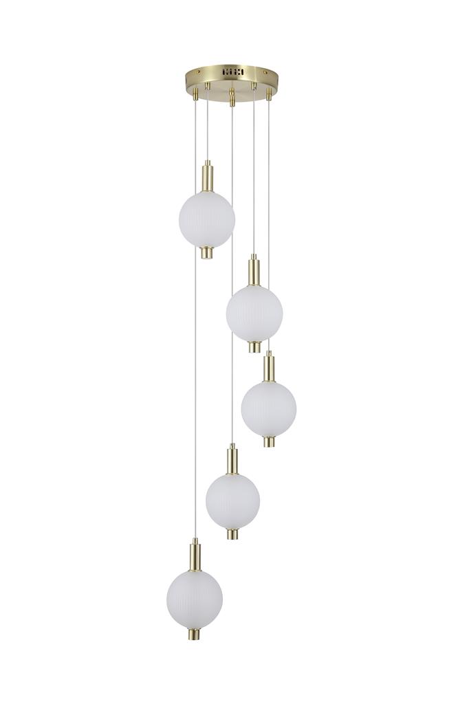 Luminique Ø47 Messing hanglamp Van Searchlight - De lamp is gemaakt van metaal met een satijn messing afwerking en heeft vijf matglazen kappen met ge&iuml;ntegreerde LED's.