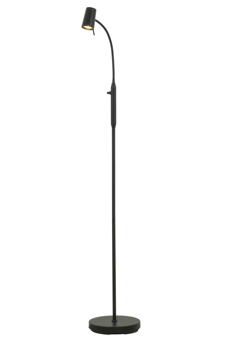 Pilot Zwart vloerlamp Van Aneta Lighting - De lampenkop is aan&aring; De arm is buigbaar en de lamp is dimbaar met een dimmerknop aan de bovenkant.