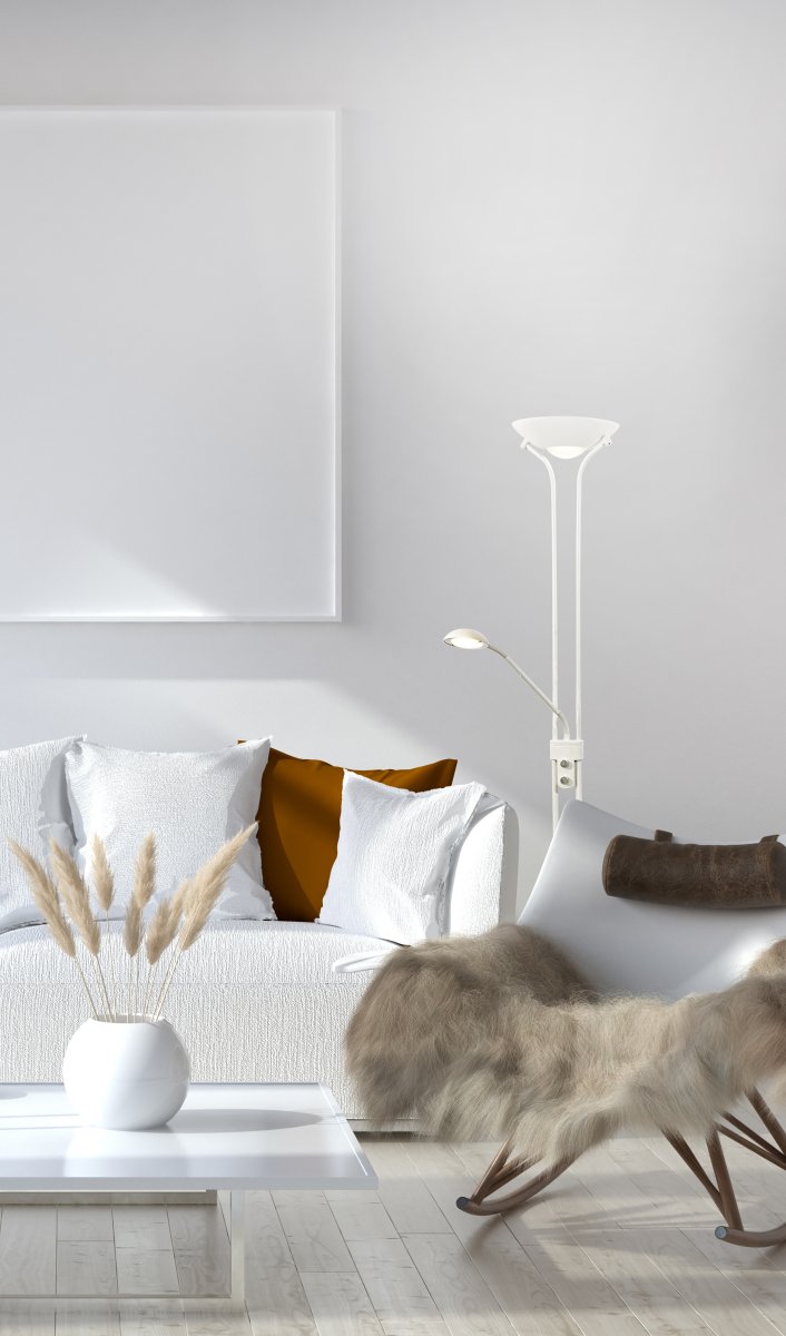Nice Wit vloerlamp Van Aneta Lighting - Zowel de uplight van 1600 lumen als de leesarm van 400 lumen zijn dimbaar met aparte knoppen.
